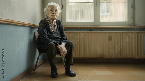 Elderly woman in a nursing home staring blankly at the floor with a sense of hopelessness