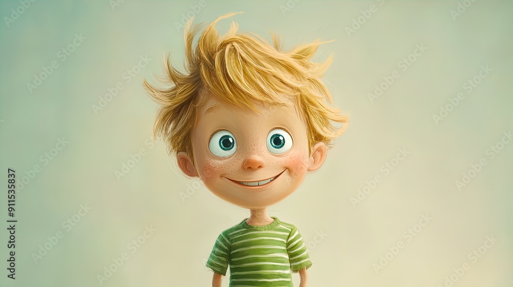 Whimsical Cartoon Boy with Tousled Blond Hair: Perfect for a Playful Sports Interior Poster with Big Blue Eyes and a Mischievous Smile Against a Soft Pastel Background! Whimsical Cartoon Boy with Tousled Blond Hair: Perfect for a Playful Sports Interior Poster with Big Blue Eyes and a Mischievous Smile Against a Soft Pastel Background!