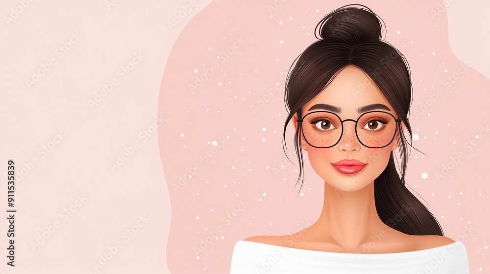 Illustration of a young woman with glasses, dark hair in a bun, and freckles, set against a soft pink background with white specks. A modern, stylish, and friendly portrait. Illustration of a young woman with glasses, dark hair in a bun, and freckles, set against a soft pink background with white specks. A modern, stylish, and friendly portrait.