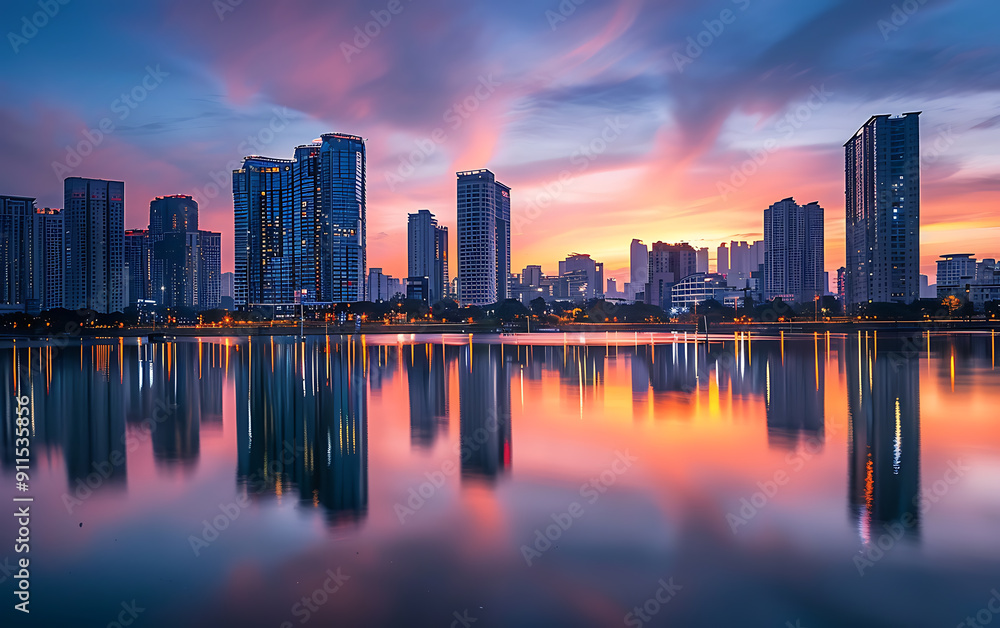 A cityscape with blue skyscrapers reflecting in a still lake at sunset, with warm orange and pink hues.
A cityscape with blue skyscrapers reflecting in a still lake at sunset, with warm orange and pink hues.