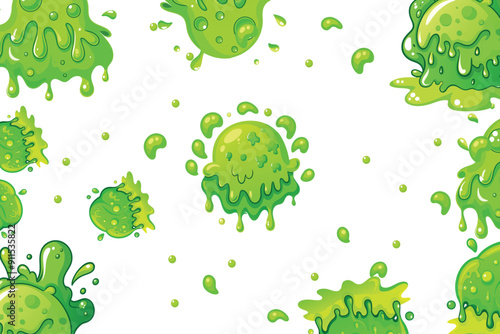 Cartoon green sticky slime. Dripping mucus sticky liquid, slimy blobs, bright toxic stain, slimes border, messy splashes and splatter.