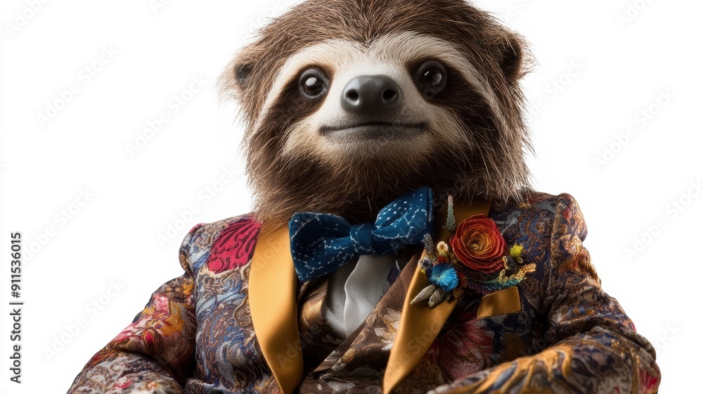A sloth wearing a suit and tie with a flower on his lapel A sloth wearing a suit and tie with a flower on his lapel