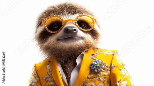 A sloth wearing a suit and tie with a flower on his lapel photo