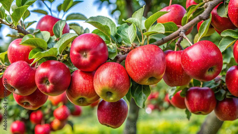 Apple trees in the garden with ripe red apples ready for harvest. Apple trees in the garden with ripe red apples ready for harvest.