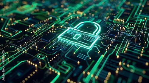 Cyber Security: Glowing Padlock on Circuit Board. photo