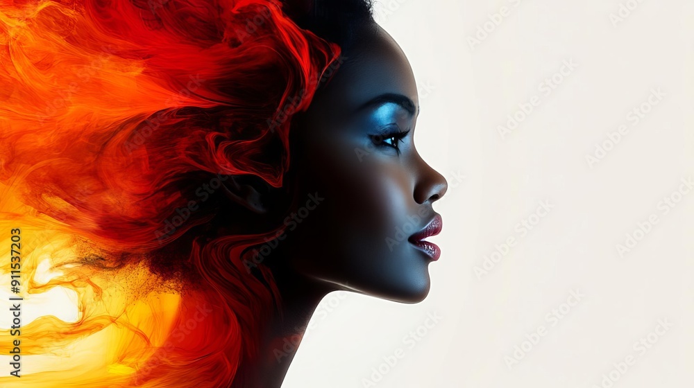 Flamehaired woman with a fiery mane appearing as if made of flames Her face is obscured creating an abstract effect Flamehaired woman with a fiery mane appearing as if made of flames Her face is obscured creating an abstract effect
