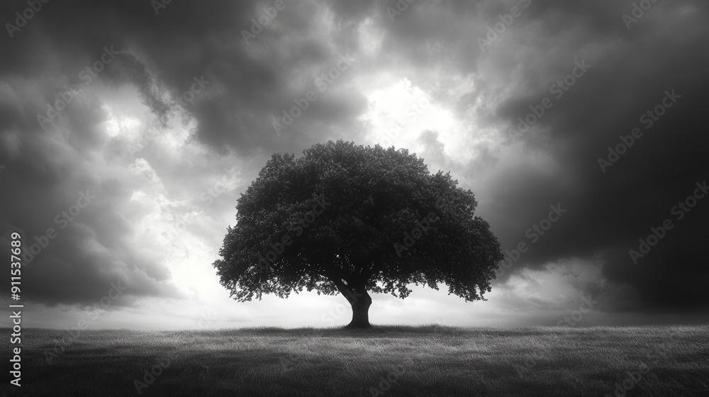 Obraz premium A dramatic and evocative photograph of a lone tree standing tall against a stormy sky, captured with sharp details and strong lighting.