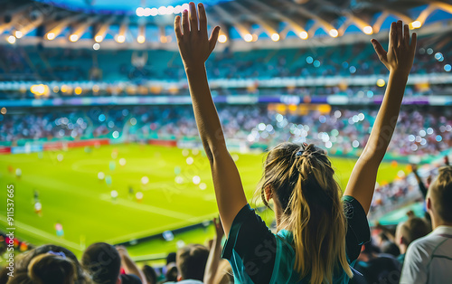 A young woman in a teal shirt cheers with her arms raised high in a packed stadium, capturing the excitement of a major sporting event. 
