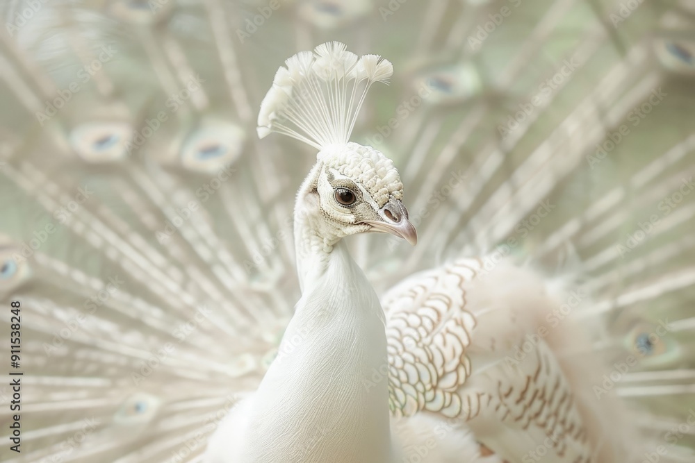 Fototapeta premium A minimalist backdrop showcasing an albino peacock with its white feathers fanned out against a plain background