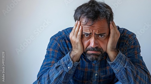 Man in blue plaid shirt with pensive expression holding head with both hands