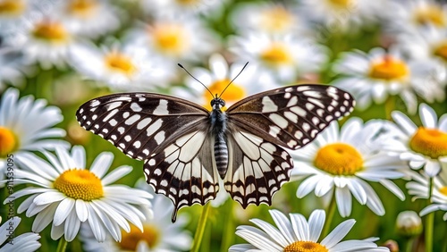 Black and White Butterfly on a Field of Daisies  Generative AI photo