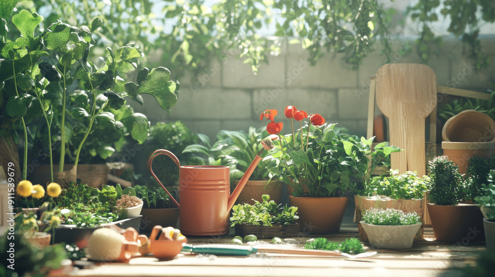 Incorporate gardening tools and accessories, such as watering cans, trowels, pots, and garden gloves, to create a sense of the gardening process and the care involved in cultivating plants. Incorporate gardening tools and accessories, such as watering cans, trowels, pots, and garden gloves, to create a sense of the gardening process and the care involved in cultivating plants.