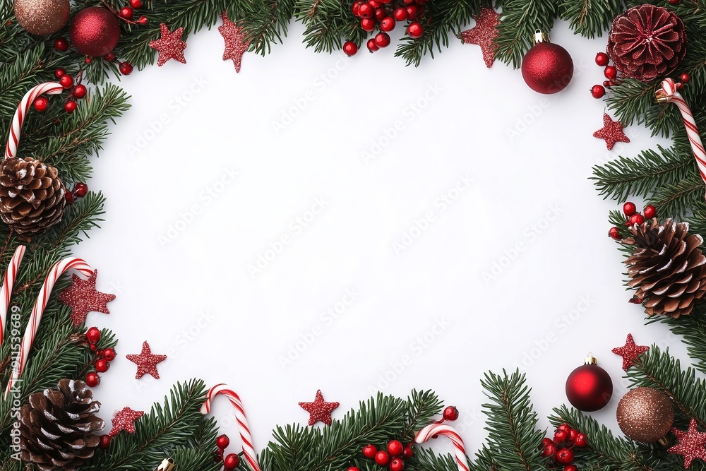 A white background with a red and green frame. The frame is decorated with red and green berries, pine cones, and candy canes A white background with a red and green frame. The frame is decorated with red and green berries, pine cones, and candy canes