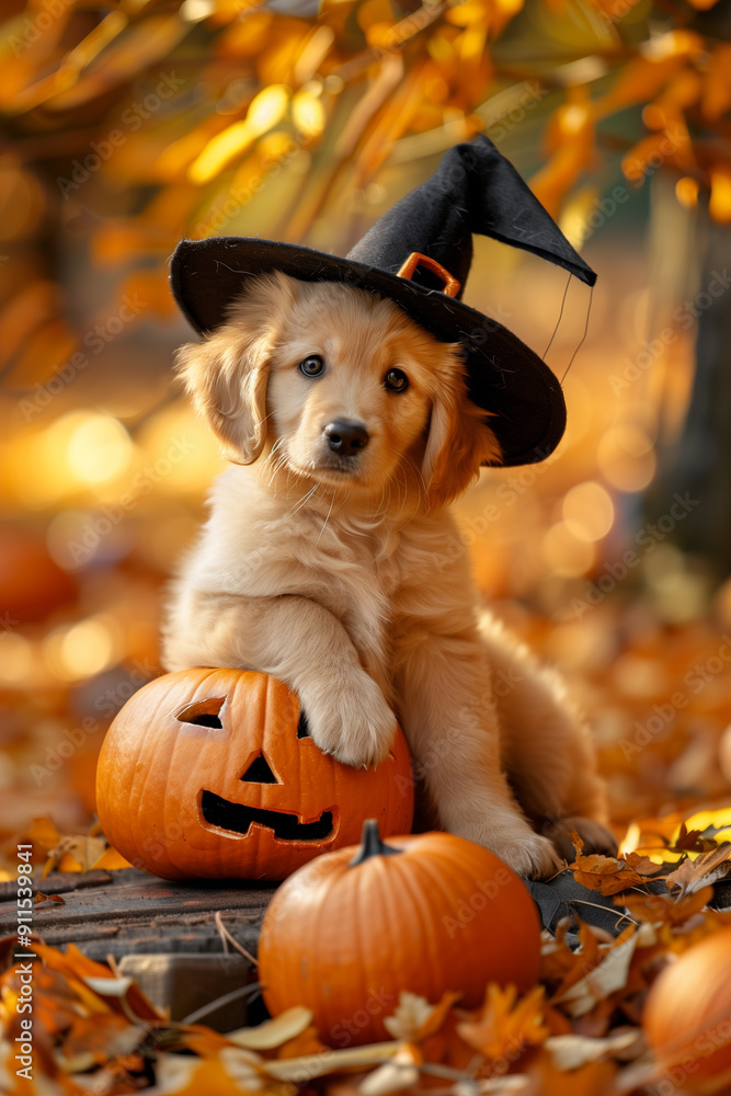 Generative AI illustration. Cute puppy sitting on a pumpkin with a Halloween background Generative AI illustration. Cute puppy sitting on a pumpkin with a Halloween background