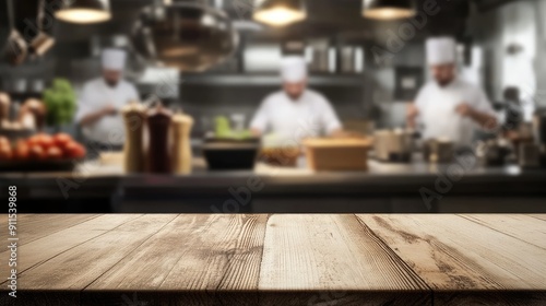 wooden table and busy chefs working on the restaurant kitchen , blurred background. Foods display banner