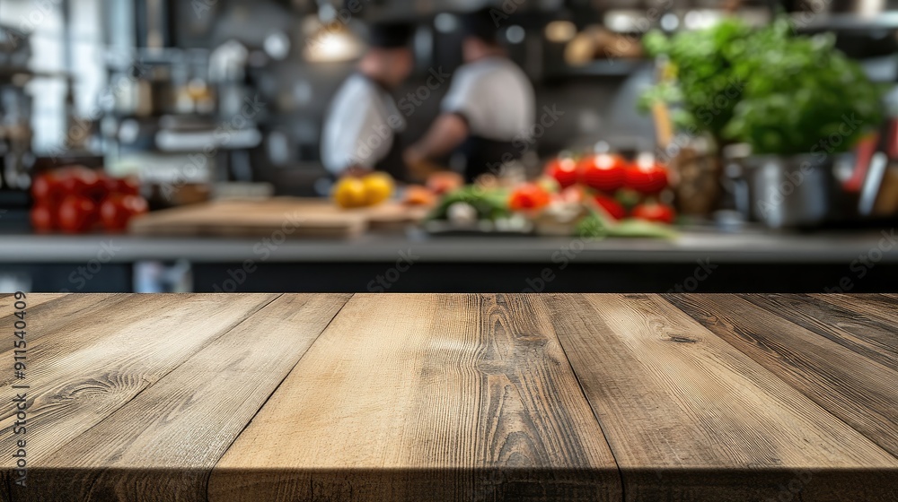wooden table and busy chefs working on the restaurant kitchen , blurred background. Foods display banner wooden table and busy chefs working on the restaurant kitchen , blurred background. Foods display banner