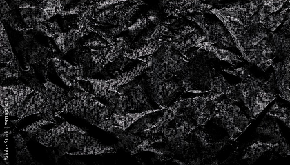 Textured Black Wrinkled Paper. Close-Up of Crumpled Black Fabric Material with Intricate Fold Patterns and Subtle Light Reflections Textured Black Wrinkled Paper. Close-Up of Crumpled Black Fabric Material with Intricate Fold Patterns and Subtle Light Reflections