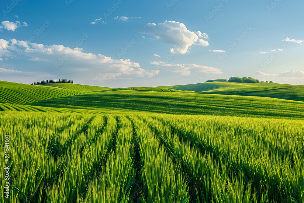Obraz premium A landscape of green wheat fields.