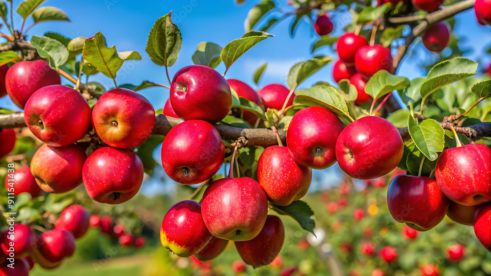 Obraz premium Apple trees in the garden with ripe red apples ready for harvest. 