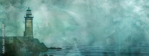 Green, brown, and white watercolor lighthouse on a cliff, evoking a sense of hope and guidance, perfect for nautical and coastal designs. background , wallpaper 