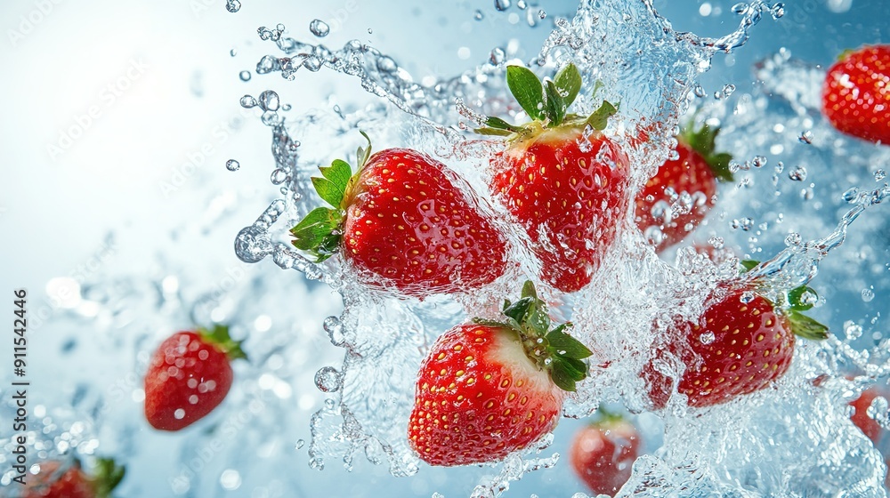 Design a vibrant advertisement template featuring fresh strawberries in mid-air with dynamic water splashes surrounding them, leaving ample space in the center for promotional text and details Design a vibrant advertisement template featuring fresh strawberries in mid-air with dynamic water splashes surrounding them, leaving ample space in the center for promotional text and details