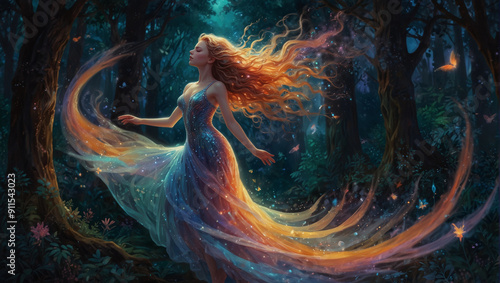 Beautiful alluring nymph fairy elf woman in enchanted forest nature connection shiny magical dress photo