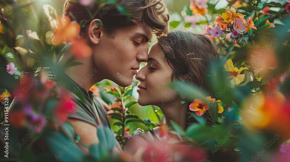 Naklejka premium Sweet kiss on the forehead in a blooming garden full of vibrant flowers and greenery