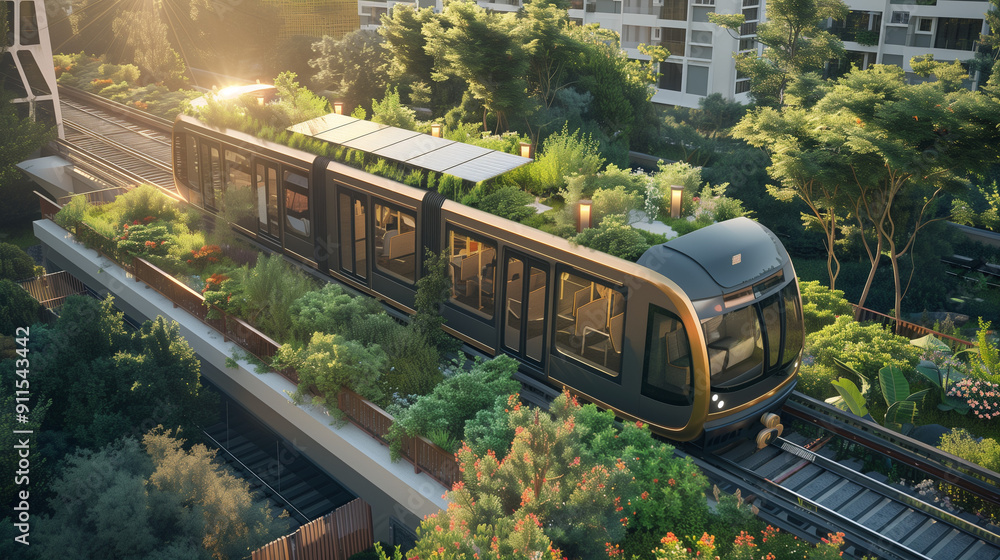 Naklejka premium Modern Eco-Friendly Tram with Green Roof in Urban Setting