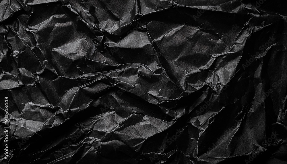 Textured Black Wrinkled Paper. Close-Up of Crumpled Black Fabric Material with Intricate Fold Patterns and Subtle Light Reflections Textured Black Wrinkled Paper. Close-Up of Crumpled Black Fabric Material with Intricate Fold Patterns and Subtle Light Reflections