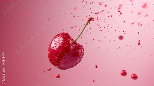 A cherry is suspended amidst splashing droplets on a pink background photo