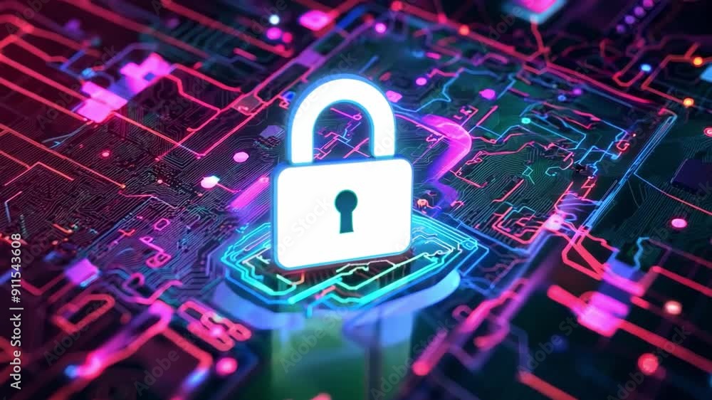 Lock icon on circuit pattern, concept of digital data safety and cyber security in dark glowing background Lock icon on circuit pattern, concept of digital data safety and cyber security in dark glowing background