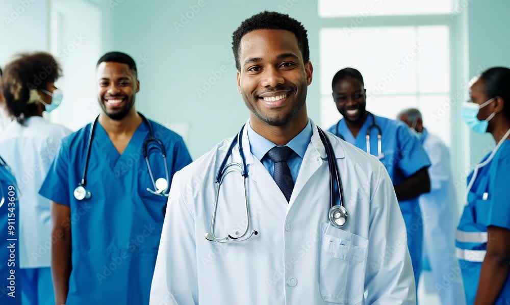 Lifestyle portrait video of a pleased doctor in his 30s wearing a scrub or lab coat against a background of diverse group of medical professionals Lifestyle portrait video of a pleased doctor in his 30s wearing a scrub or lab coat against a background of diverse group of medical professionals