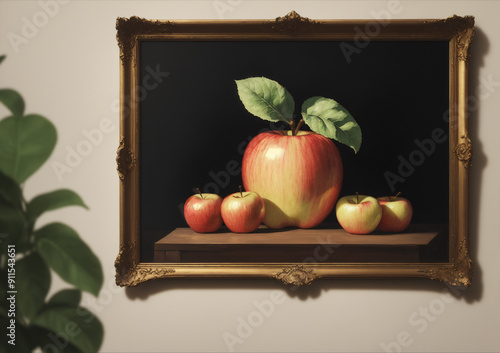 apples on a painting surrounded by a gilded gold grame in a plain room