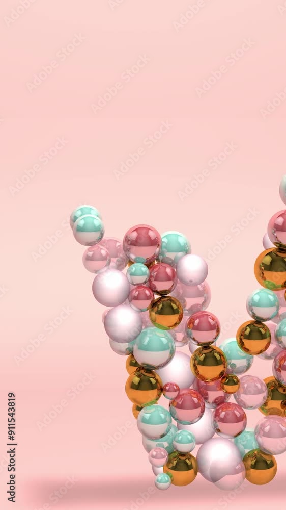 Letter V made with beads, pearls, balls. Alphabet, ABC jewel on pastel pink background. Vertical animation, phone wallpaper. Letter V made with beads, pearls, balls. Alphabet, ABC jewel on pastel pink background. Vertical animation, phone wallpaper.