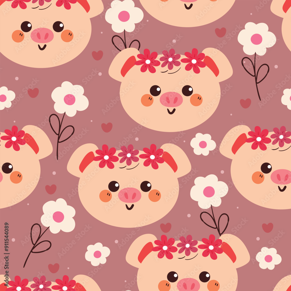 seamless pattern cartoon pig and flower. cute animal wallpaper for fabric print, gift wrap paper seamless pattern cartoon pig and flower. cute animal wallpaper for fabric print, gift wrap paper