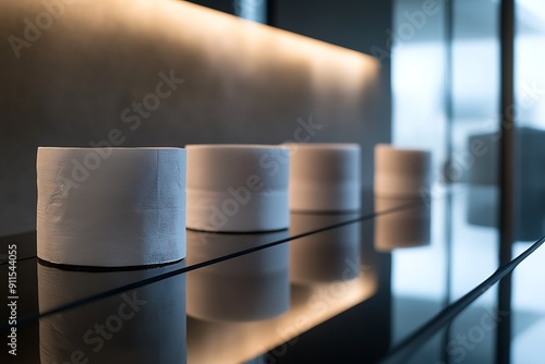 Sleek Sanitary Paper Rolls Arranged on Modern Dark Glass Table - Fusion of Honeycore, Drugstore Vibes, Clean Minimalism, and Cyber-Chic Aesthetics photo