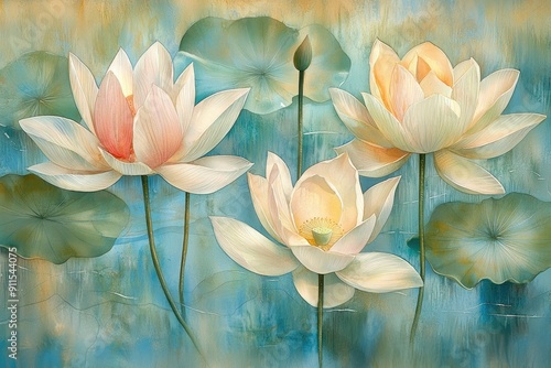 A serene illustration of three blooming lotus flowers amidst tranquil waters, exuding beauty and calmness.