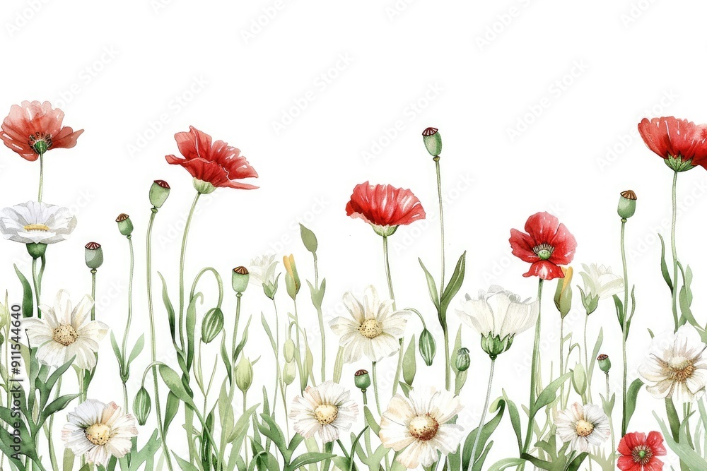 Naklejka premium Soft watercolor botanical border with daisies and poppies in rich shades surrounded by flowing green leaves