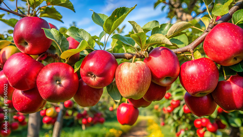 Apple trees in the garden with ripe red apples ready for harvest. "Ripe Red Apples on a Rainy Autumn Day in a Rural Ukrainian Garden" generative ai