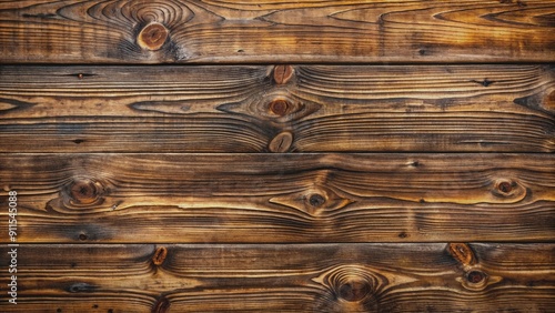 Several planks of wood arranged horizontally to create flat surface. Wood dark brown color with visible grain, several knots. Surface weathered, worn, with some cracks.