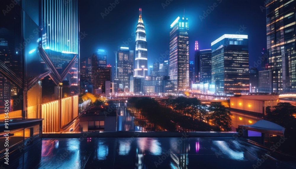 Neon Cityscape: A captivating view of a modern city illuminated by vibrant neon lights, showcasing a blend of architectural marvels and a dazzling urban landscape. The reflection in the water adds a s Neon Cityscape: A captivating view of a modern city illuminated by vibrant neon lights, showcasing a blend of architectural marvels and a dazzling urban landscape. The reflection in the water adds a s