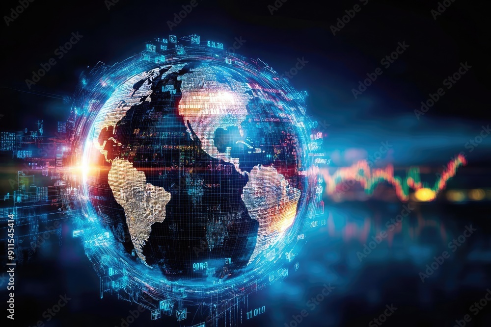 A futuristic depiction of the Earth, showcasing digital elements and data visualization against a cosmic background. A futuristic depiction of the Earth, showcasing digital elements and data visualization against a cosmic background.