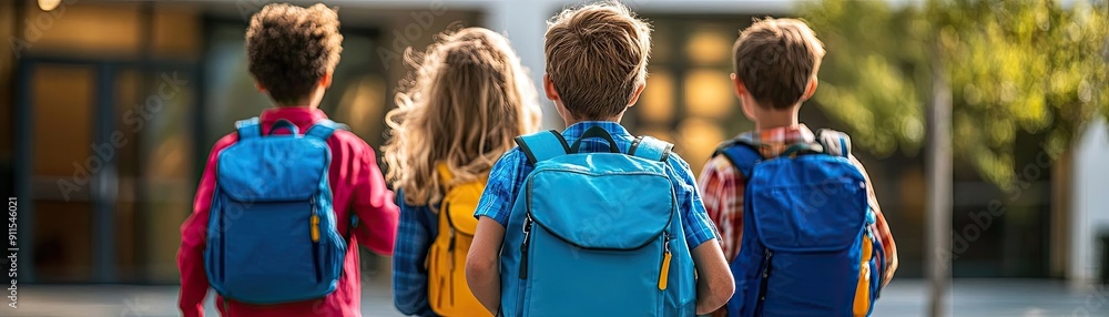 Obraz premium Four children with colorful backpacks walking together towards school, enjoying a sunny day of friendship and adventure.
