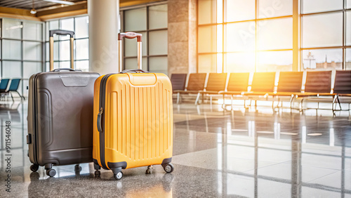 Two travel bags stand in a spacious airport terminal as the sun sets, casting warm light across the waiting area and highlighting the dynamic space