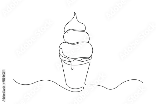 Hand-drawn ice cream cup one-line art drawing. Cup ice-cream continuous outline vector.