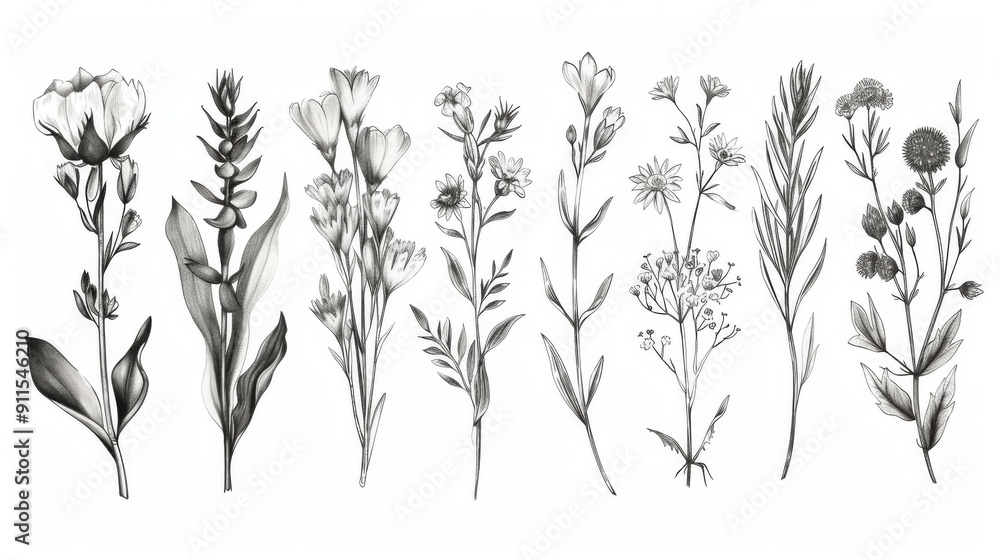 Naklejka premium Botanical illustrations, featuring various plants and flowers with detailed line work