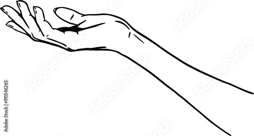 Hand begging or asking for help vector black and white illustration