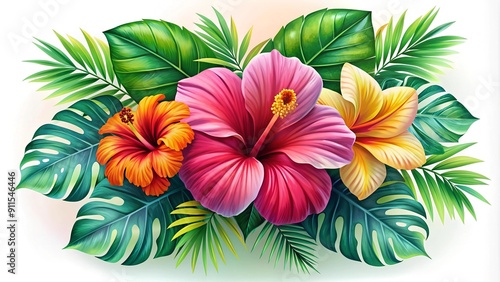Tropical Paradise: A Vibrant Hibiscus and Monstera Leaf Logo  Generative AI