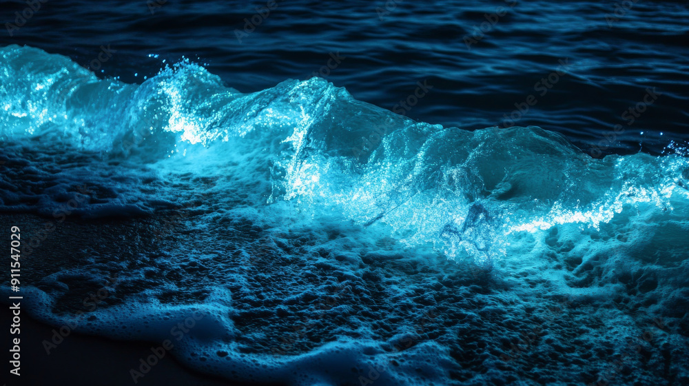 Obraz premium Show bioluminescent waves glowing in the dark, with the water lighting up with a magical blue-green light as it moves, creating an enchanting and surreal effect. 