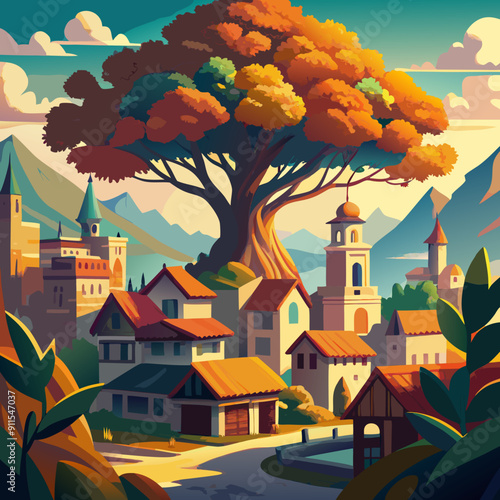 flat oil painted tree at town concept vector art at mobile game